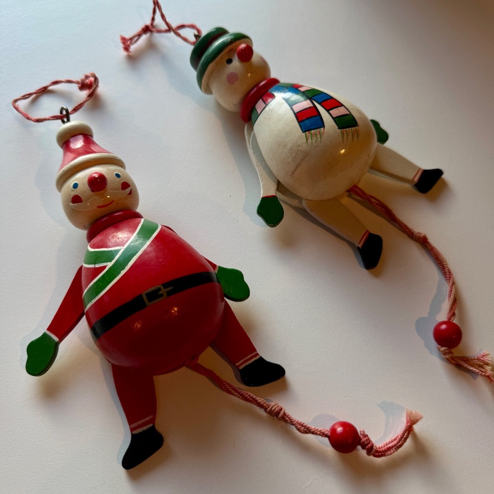 Vintage Wooden House of Lloyd Ornaments Santa and Snowman Pull String 2pc